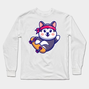 Cute husky play skateboard cartoon Long Sleeve T-Shirt